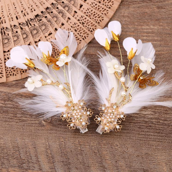 Korean new manual feather headdress flower red white bridal accessories wedding dress hairpin clip hair accessories