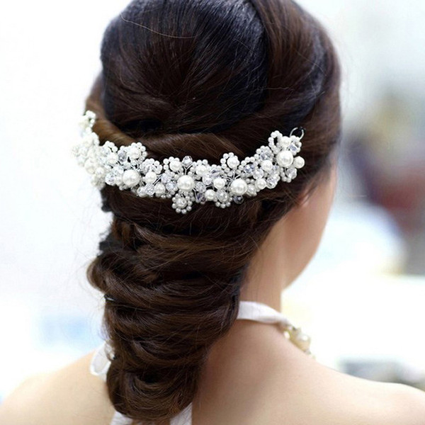 2016 Hair Accessories White Imitation Pearl Crystal Bride Headdress Bridal Hair Jewelry Head Beaded Wedding Hair Band