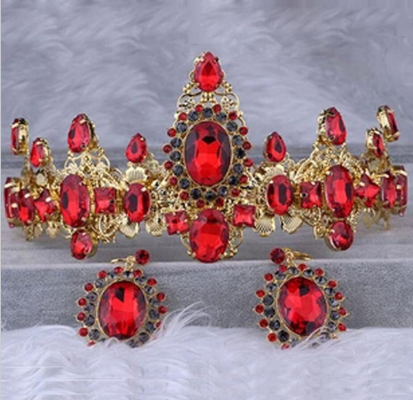 2017 new rhinstone red baroque tiara earrings sets wedding crown Baroque wedding hair jewelry