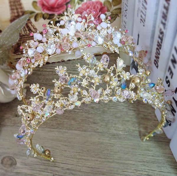 Fashion Design Pink Leaf Crystal Bride Necklace Earrings Tiaras Crowns Bridal Wedding Jewelry Set Accessories For Women