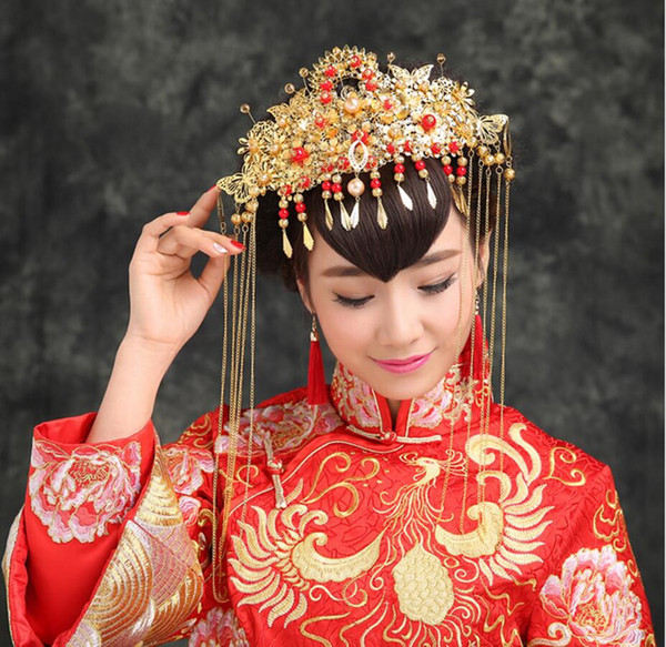 Chinese bride headdress costume gold butterfly hairpin wedding crown and earring photography wedding hair accessories yiman