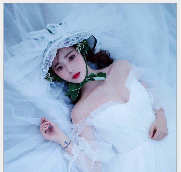 European-style forest lace studio photo wedding dress retro-European and American white gauze hat and headdress jewelry