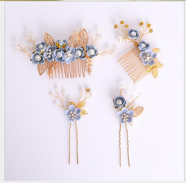 Elegant temperament, blue flowers, hairbrush, hairpin suit, delicate comb bride's headdress