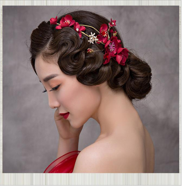 Korean-style Red Imitation flower hairpin trim wedding dress modeling headwear