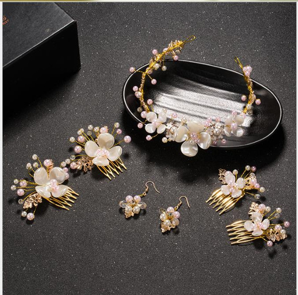 Pearl petal golden leaf suit golden wedding dress with headdress hair comb