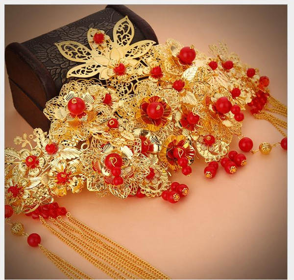 Red Chinese Bride Headdress Ancient Qipao Dress, tasseled hair ornament, forehead ornament Ancient Bride Hair Comb