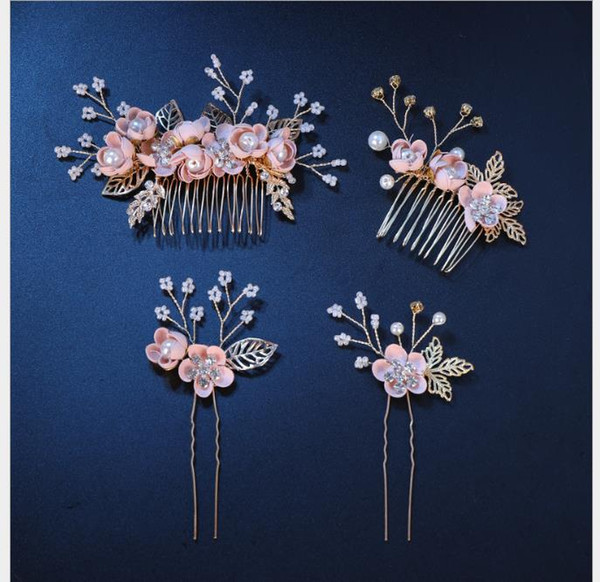 Korean Pink Blossom Hair Comb Movie Studio Photographs Bride Comb Jewelry