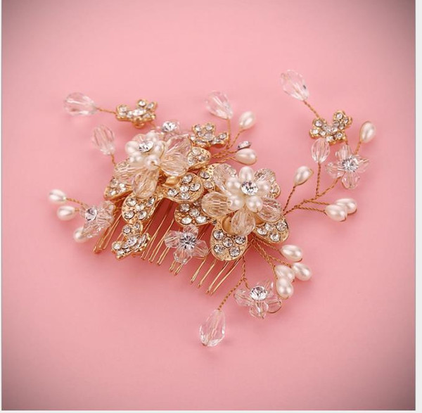 Exquisite Golden Handmade Water Drill Hair Comb Jewelry Crystal Pearl Accessories