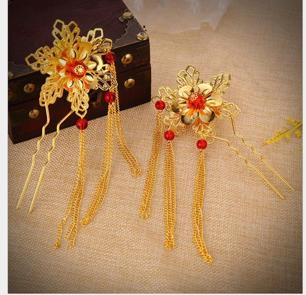 Bride's Head Flower U-shaped fringed tray hairpin red Chinese wedding headdress