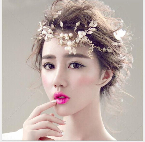 Korean Bride Headdress Handmade Golden Leaf Flexible Chain Front Ornament Wedding Hair Ornament Wedding Garment Ornaments