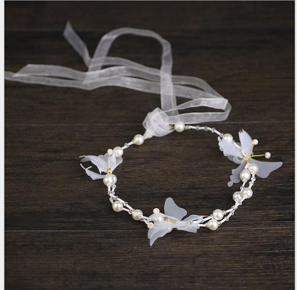 White Butterfly Pearl Hair Belt Children's Dresses Accessories with Pearl Children's Headwear