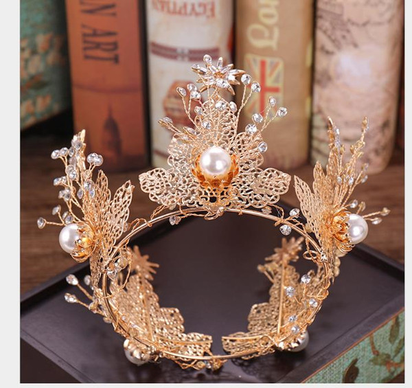 The whole circle of big Pearl golden crown leaves shape crown bride hair decoration