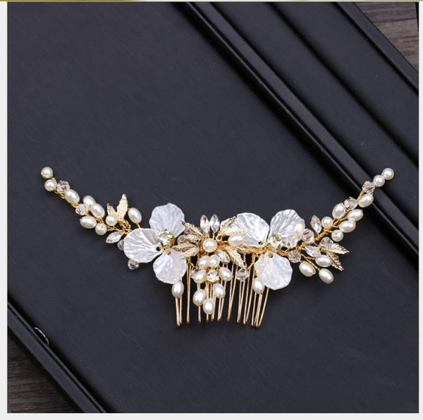 Golden Leaf Hair Comb Hair Ornaments Pearl Flowers Bride's Wedding Dress Accessories