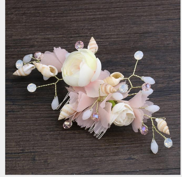 Crystalline Bride Hair Card Art Pink Silk Flower Conch Headdress Alloy Card