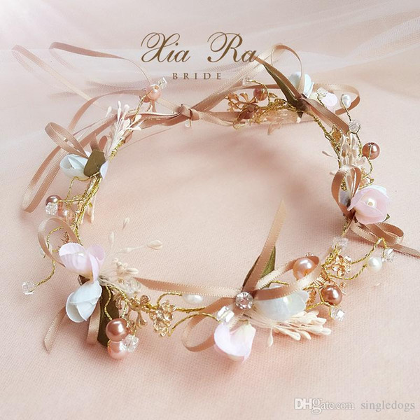 Wedding Garlands Hair Jewelry With Bow Tie Bridal Boho Flower Headband With Straw Hat Floral Crown Hairband Free Shipping