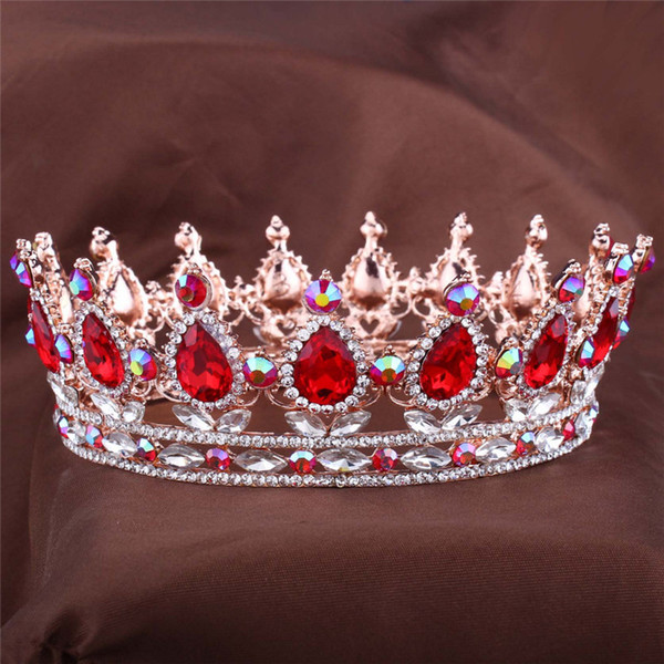 European Designs Royal King Queen Crown Ruby Teardrop Rhinestone Tiara Hair jewelry Quinceanera crown Wedding bride Pageant Tiaras Cro
