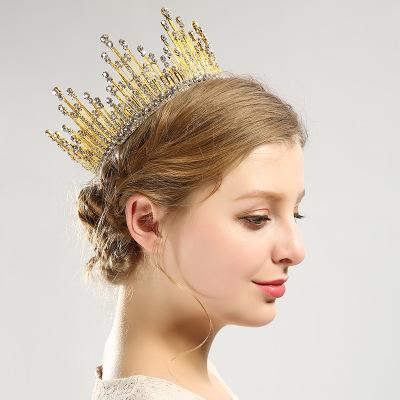 Vintage Gold Big Royal King Rhinestone Pearl Crystal Rhinestone Full Round Hair Tiara Crown Hair Jewelry