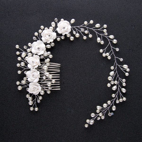 Long Vine Bridal Hair Comb Wedding Hair Vine Vintage Pearl Rose Flower Comb Silver White Bridal Hair Accessories