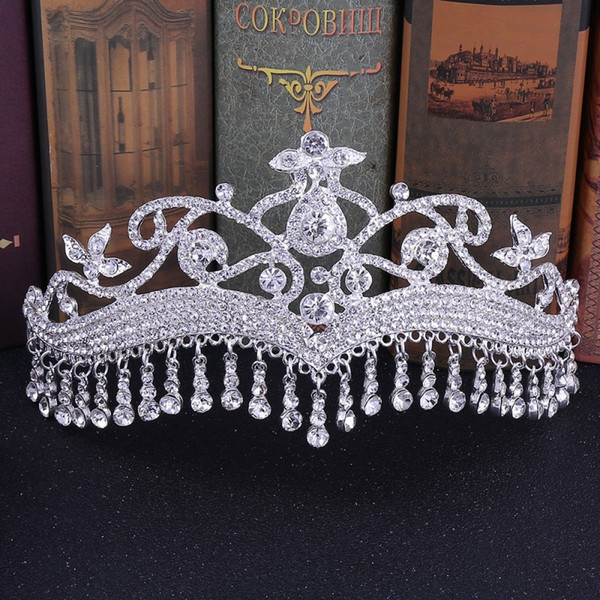 Silver Crystal Bridal Crown Saudi Arabic Tassel Wedding Headband Hair Pieces Indian Tiaras Bridal Jewelry Headpieces Princess Crowns