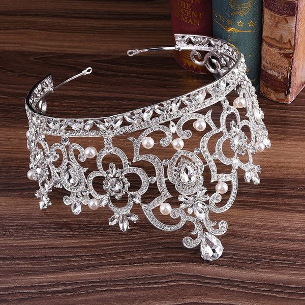 Luxury Queen Bridal Crowns Silver Wedding Hair Accessory Bridal Jewelry Pearl Crystal Tiaras Gold Red Green Blue Miss World Crowns