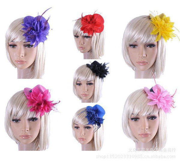 Wholesale multiple color Bride's headdress 13cm mesh feather flower small hat hairpin headdress hair jewelry accesory