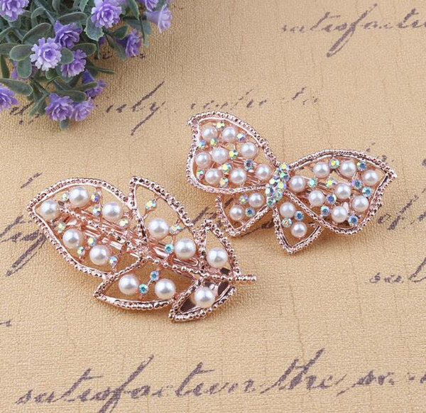 Free Ship 2pcs/lot Peacock Leaf Butterfly Hairpin Hair Accessories Hair Clips Pearl Rhinestone Crystal High Quality Girlfriend Gift