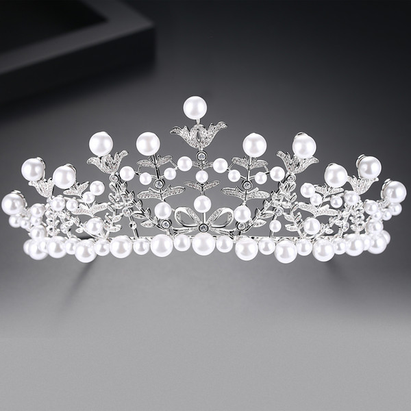 LUOTEEMI White Imitation Pearl Queen's Tiara Crowns Hair Accessories For Women Clear CZ Crystal Headband Bridal Wedding Jewelry