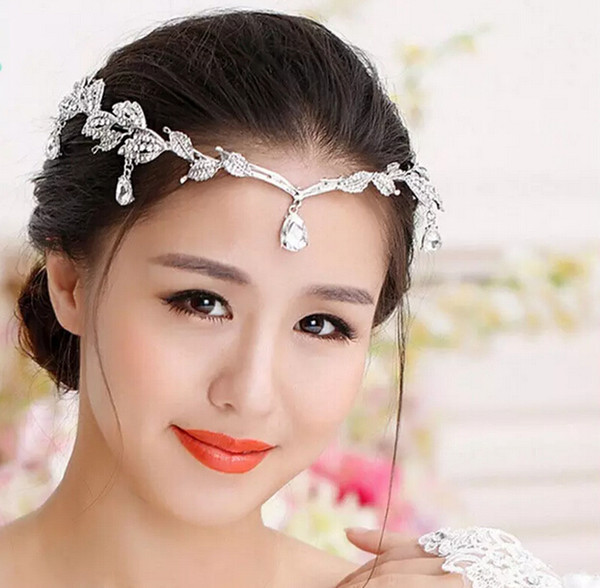 1 Piece Silver Crystals Rhinestones Leaves Head Chain Jewelry Forehead Headpiece Bride