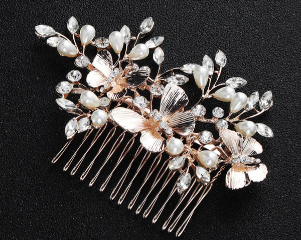 Korean trendy beautiful alloy hair comb hairpin headband butterfly pearl set diamond headdress for bride Bridal Wedding Tiara