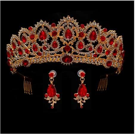 Red Queen crown Crystal bridal Tiaras bride crown and earrings Baroque headband Wedding Accessories diadem hair jewelry ornament