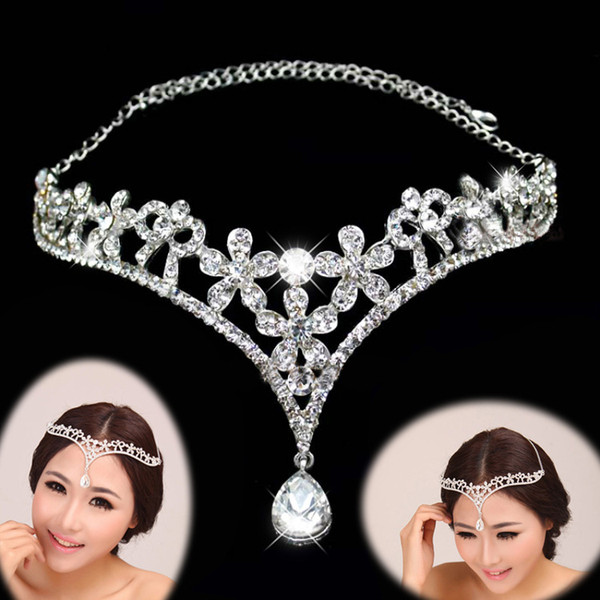 Heart Crystal Flower Forehead Indian Hair Jewelry Silver Rhinestone Bridal Wedding Bride Hair Crown Head Accessories