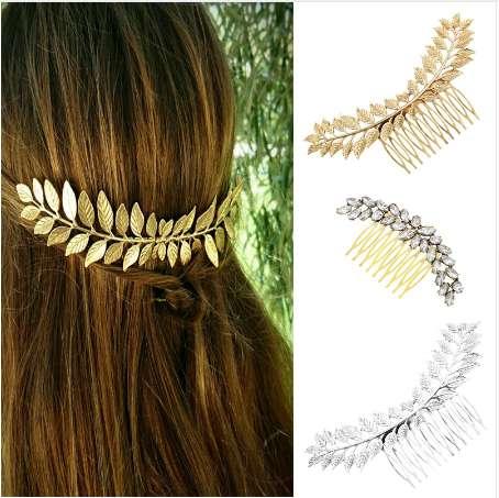 Baroque Style Greece Bridal Leaf Hair Combs Silver Gold Metal Headpiece Wedding Party Crystal Hair Pins Accessories Hair Jewelry