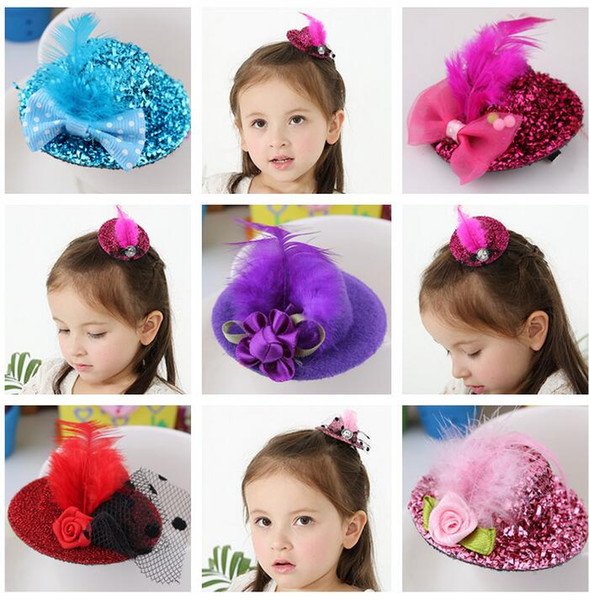 Free Ship 24pcs 5.5CM Felt Mini Top Hat Feather Hat Cap Hair Clip Hen Party Lady Veil Popular Wedding homburg millinery Bridal Accessories