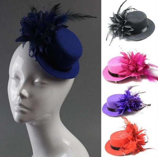 20pcs mixed colors Lady's Mini Hat Hair Clip Feather Rose Top Cap Lace fascinator Costume Accessory The bride headdress Plumed Hat