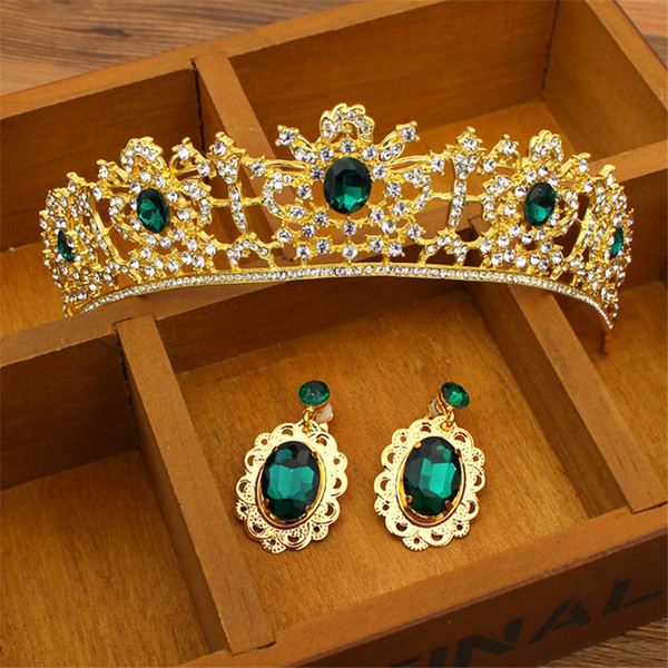 Vintage Wedding Bridal Green Red Crown Crystal Rhinestone Tiara Hair Accessories Headpiece Headband Earrings Jewelry Set Princess Headdress