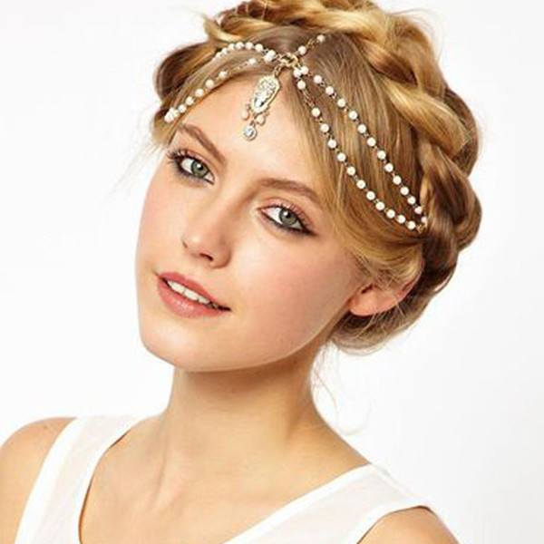 2017 Beautiful Wedding Bridal Hair Accessories Cheapest Free Shipping Metal Beaded Pearls Head Chain Indian Women Hair Jewelry