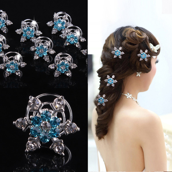 12pcs/lot Bride Rhinestone Snowflake Spiral Hair Clips Beautiful Blue flower Hairpins Headspiece for girls wedding Hair Accessories Jewelry