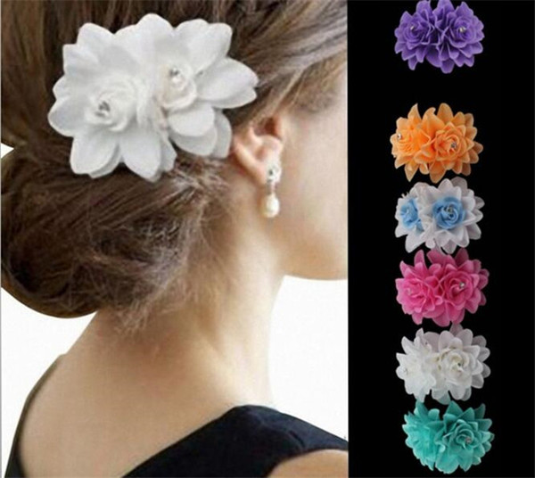 300pcs Fashion Lady Womens Girl flower Hair Clips Barrettes Hairpins Accessories Fabric Metal Wedding Party Gift J094