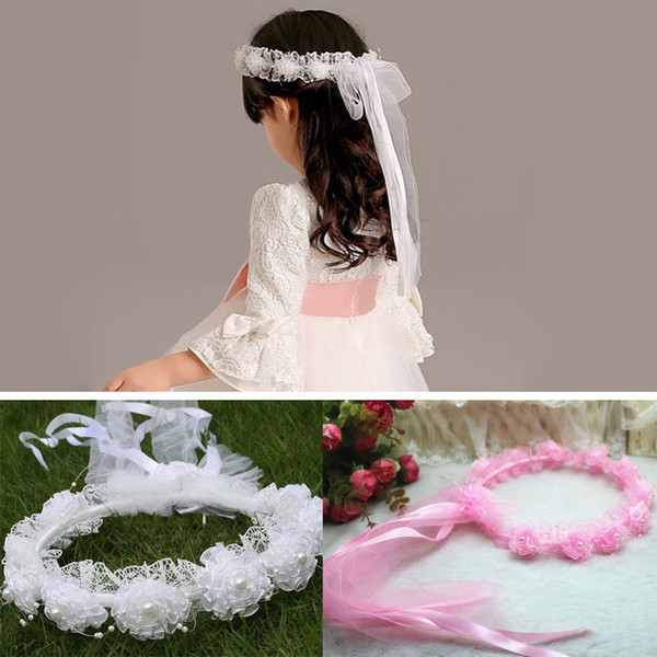 Girl Veils Beautiful Pearls Lace Flowers Garland Children Hair Accessories For Birthday Party Cute Headband With Ribbons ZA3040