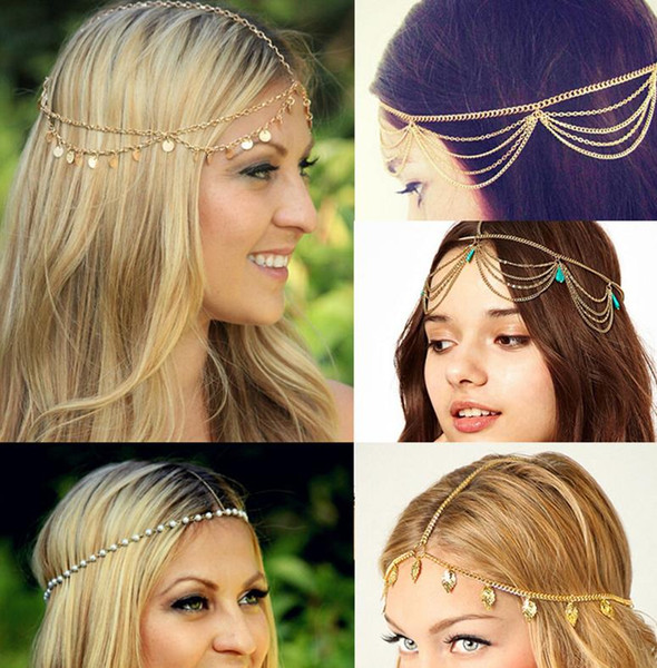 New Head Chain Hair Jewelry Beach Multi Layer Metal Gold Plated Tassel Pearl Leaves hair accesories Boho Headband