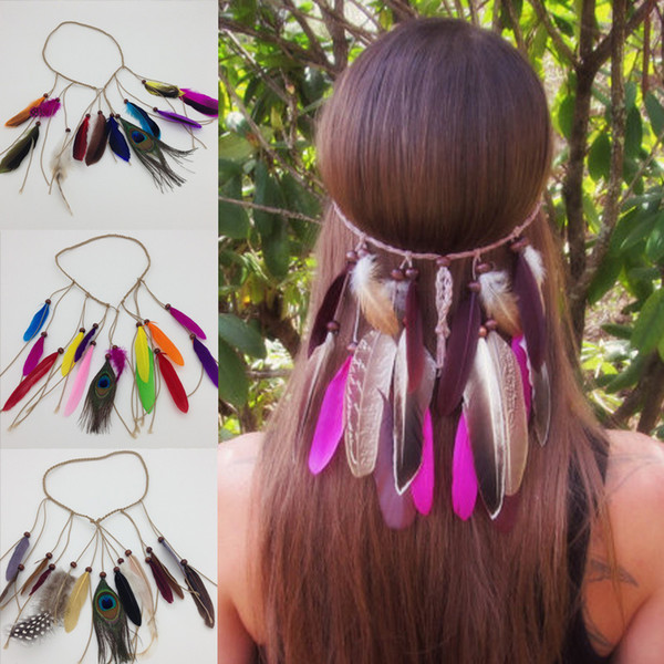 Hot Feather Headdress Hippy Indian Headband Festival boho Hairband Braided Faux Leather Boho Style People Peacock Feather Hippie Accessories