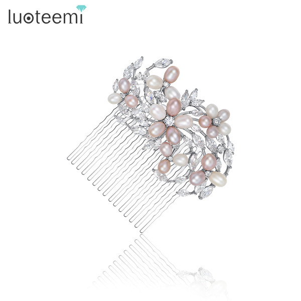 Elegant Nutural Pearls Wedding Hair Comb Bridal Hair Piece accessories CZ Crystal Flower Bridesmaids Art Deco Statement LUOTEEMI