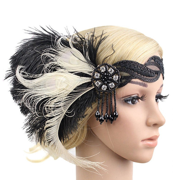 Women Feather Hairband 1920s Headband Spring Summer Ladies Wedding Bridal Gatsby Flapper Headpiece Elastic Strap Hair Accessorie