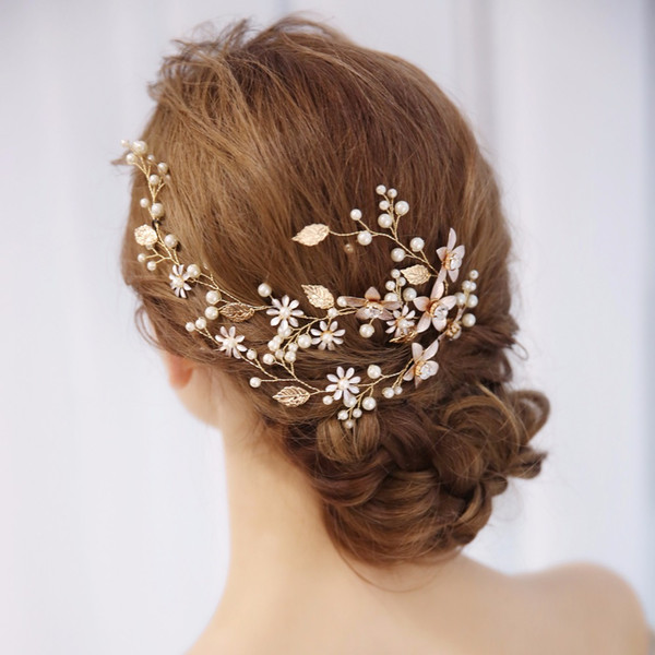 Pearl Rhinestone Flower Bride Headband Wedding Hair Jewelry Gold Leaf With Rhinestone Flower Hair Bands Wedding Hair Ornaments