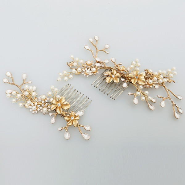 beijia New Design Gold Branch Flower Hair Comb Pearl Wedding Hair Jewelry Accessories Vintage Bridal Combs Headwear