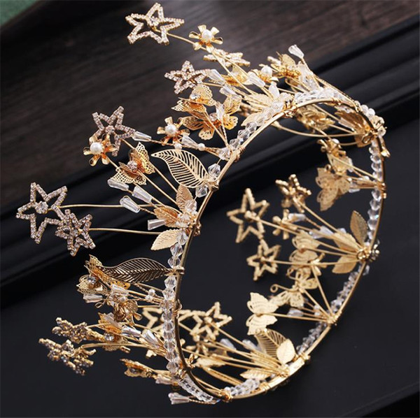 Star Crown Full Round Tiara Wedding Bridal Crystal Rhinestone Headband Hair Accessories Jewelry Princess Queen Headdress Ornament Gold