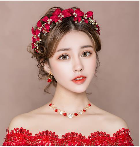 Bride's Headdress New Korean Mori Red Hair Ornament Fairy Hair Hoop Wedding Dress and Marriage Jewelry