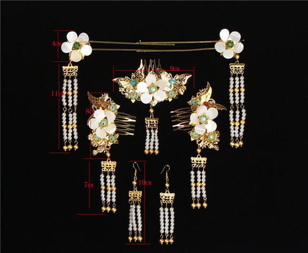 Chinese style retro white shell gold phoenix coronet bridal hair decoration suit