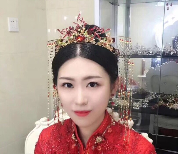 Chinese red flower dripping oil fringed bridal headdress