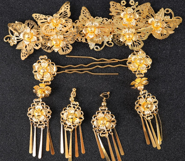 Chinese style ancient costume hair decoration hairpin retro bride phoenix coronet headdress 6 pieces set